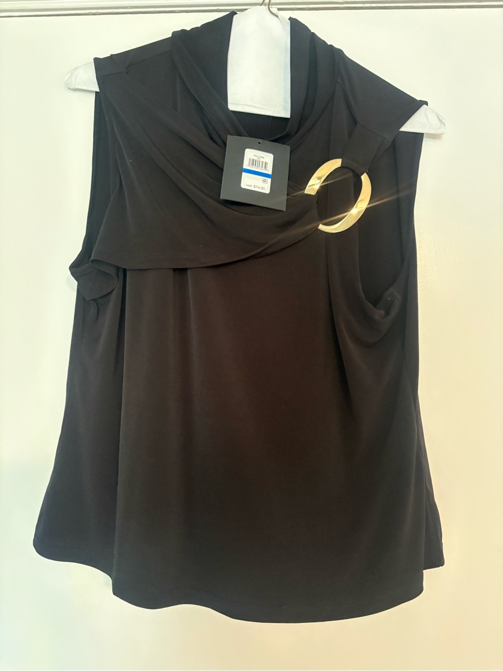 Halston XL Black Draped Gold Ring Sleeveless Top NWT